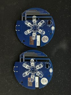 Two round, blue circuit boards with mounted LED diodes.
