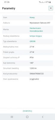Parametry lampy - ekran telefonu