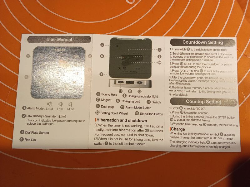 Instrukcja obsługi elektronicznego minutnika pokazująca różne elementy i tryby działania.