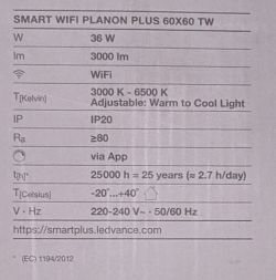 Specifications of LEDVANCE PLANON PLUS 60x60 Technical specifications of the LEDVANCE SMART+ PLANON PLUS 60x60 TW LED panel