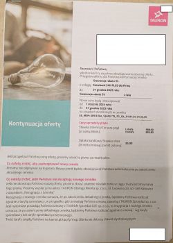 Ulotka firmy Tauron z informacjami o zmianach w cenniku i taryfach energii elektrycznej.