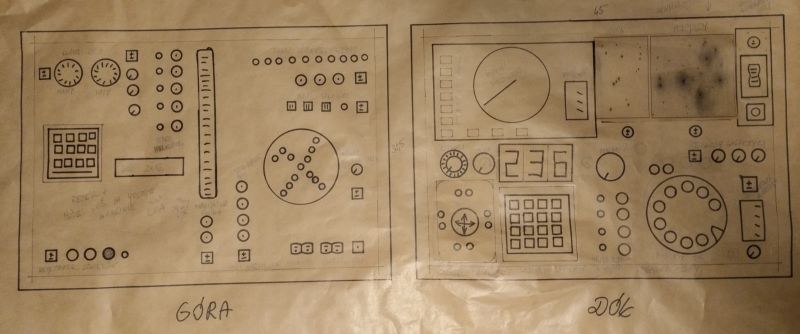 Design of Toy Voyager 3 Control Center Panels Sketch of two control panels for a toy control center, featuring various buttons, indicators, displays, and dials arranged on two rectangular boards labeled GÓRA (top) and DÓŁ (bottom).