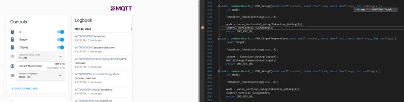 Screenshot showing MQTT control panel on the left and a C code editor on the right.