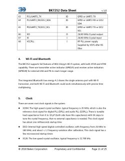 BK7252 Pinout and Features β Data Sheet Section of the BK7252 datasheet showing a pinout table and descriptions of Wi-Fi/Bluetooth and system clocks.