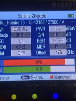 Ekran miernika sygnału satelitarnego z parametrami DVB-S2 i wskaźnikami jakości