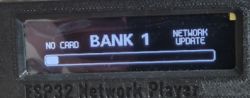 ESP32 device display showing BANK 1, NO CARD, and NETWORK UPDATE.