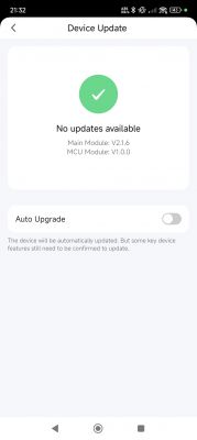Device Update Screen Device update screen in the app showing no updates available for modules V2.1.6 and V1.0.0.