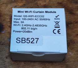 QS-WIFI-ECC02 Curtain Controller Module Packaging Packaging of QS-WIFI-ECC02 curtain controller module with technical specifications.