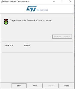 Flash Loader Demonstrator window showing readable target and flash size of 128 KB.