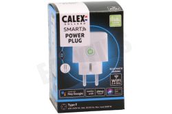 Packaging of Calex Smart Power Plug showing WiFi, Bluetooth, and voice assistant compatibility features.