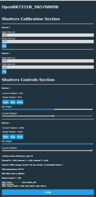 OpenBK web UI screenshot: calibration and control for two shutters with Open/Stop/Close buttons and sliders