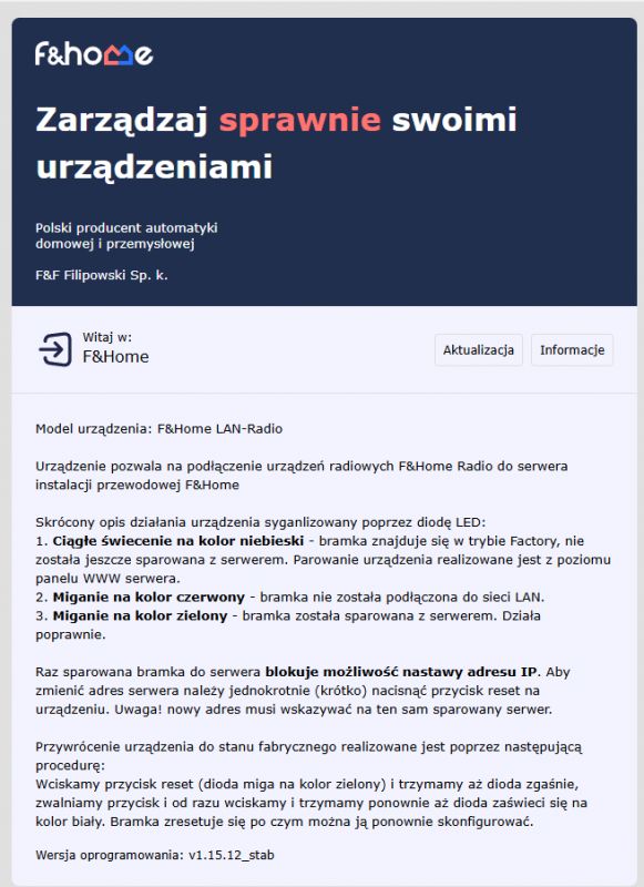 Screenshot of an F&amp;Home information panel about the F&amp;Home LAN-Radio device with operating and pairing instructions.