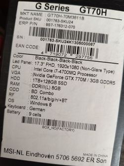 Etykieta specyfikacji laptopa MSI GT70H