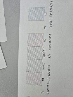 Wydrukowana strona testowa z kolorowymi liniami i czarnym tekstem.