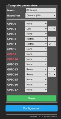 Tasmota Template Settings for Appio 9605 Screenshot of Tasmota template settings for the Appio 9605 switch.