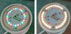 Two images of an LED bulb's circuit board without casing, displaying different LED arrangements.