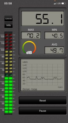Zrzut ekranu aplikacji miernika dźwięku: 55,1 dB, wykres i kolorowa skala poziomu