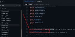 Screenshot of a source code editor displaying the file new_pins.c with a highlighted code segment defining BTN_DEBOUNCE_MS as 75.