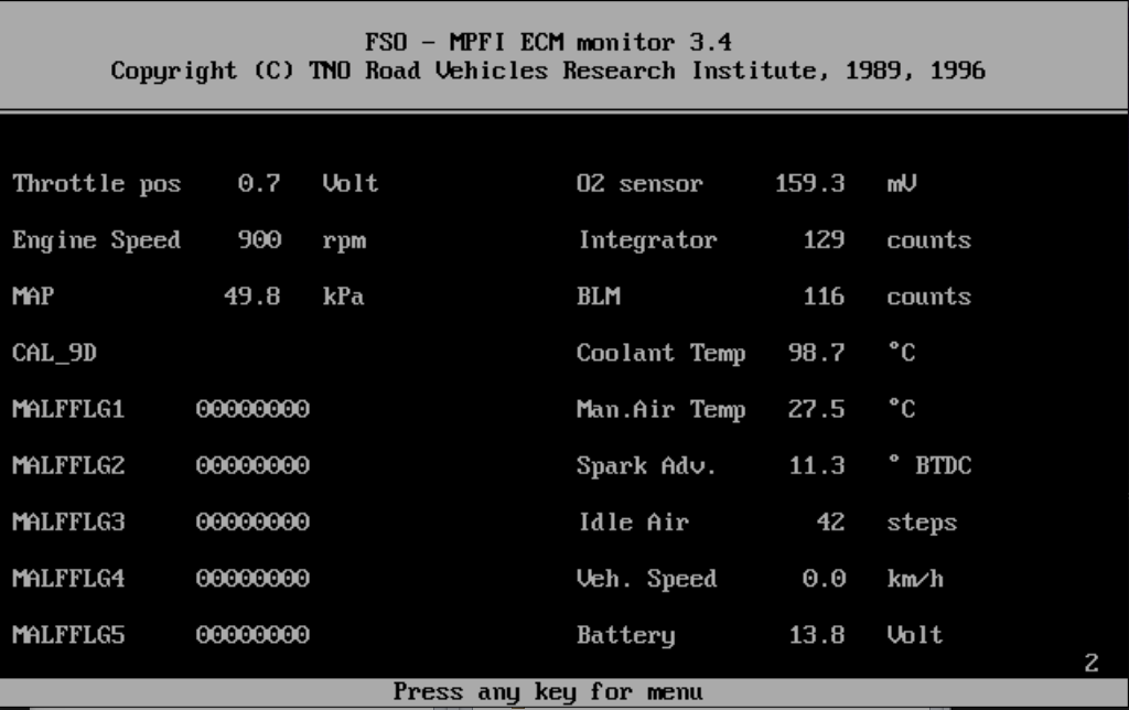 FSO ECM Monitor 3.4 – diagnostyka silnika Poloneza MPI Zrzut ekranu programu FSO MPFI ECM Monitor 3.4 z danymi diagnostycznymi silnika