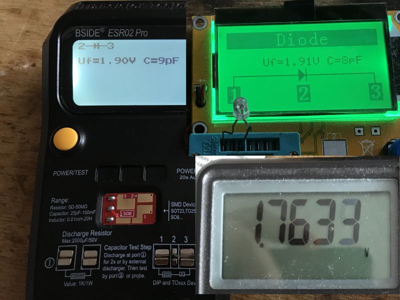 Comparison of BSIDE ESR02 Pro Component Tester with LCR-T4 BSIDE ESR02 Pro component tester, LCR-T4, and a digital multimeter on a table.