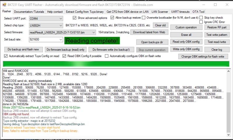 Firmware Read Complete in BK7231 GUI Flash Tool for LN882H Module Screenshot of the BK7231 GUI Flash Tool after completing the firmware read from an LN882H module.