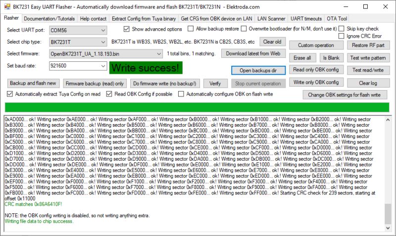 BK7231 Easy UART Flasher interface showing Write success! message