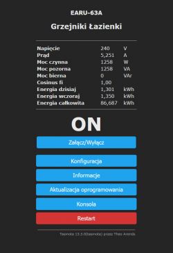 Interfejs modułu EARU-63A z oprogramowaniem Tasmota