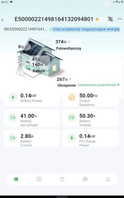 Ekran aplikacji monitorującej system fotowoltaiczny z danymi baterii i zużycia