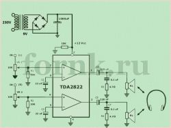 Schemat wzmacniacza stereo z układem TDA2822 dla słuchawek