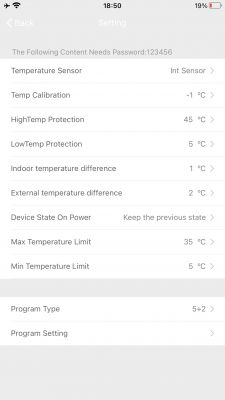 Screenshot of KHY609 Thermostat Settings Screenshot of room thermostat KHY609 settings.