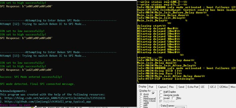 Screenshot showing debugging messages while initializing Beken chip via SPI