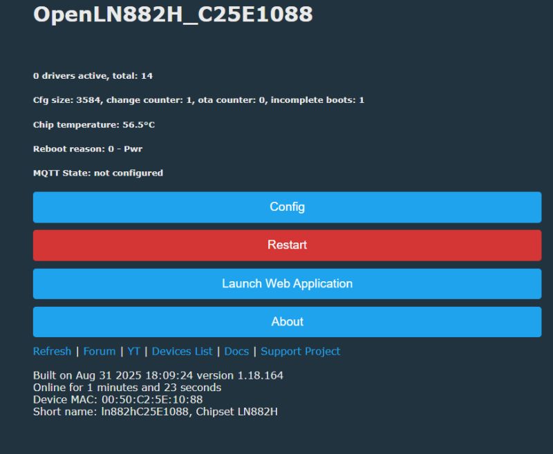 OpenLN882H Control Panel with New Firmware Installed Screenshot of OpenLN882H control panel showing device status and configuration buttons.