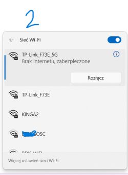 Okno wyboru sieci Wi-Fi na komputerze z kilkoma widocznymi sieciami, w tym TP-Link_F73E_5G i KINGA2.