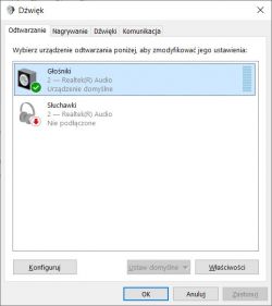 Zrzut ekranu z ustawień dźwięku systemu Windows pokazujący podłączone urządzenia audio.