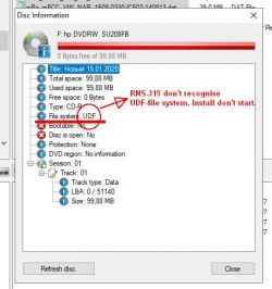 Screenshot mit CD-Informationen, zeigt UDF-Dateisystem als Problem für RNS-315.