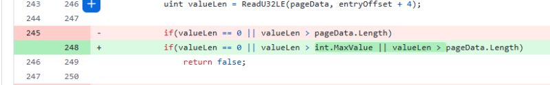 Screenshot of a code diff showing an if condition updated to include int.MaxValue validation.