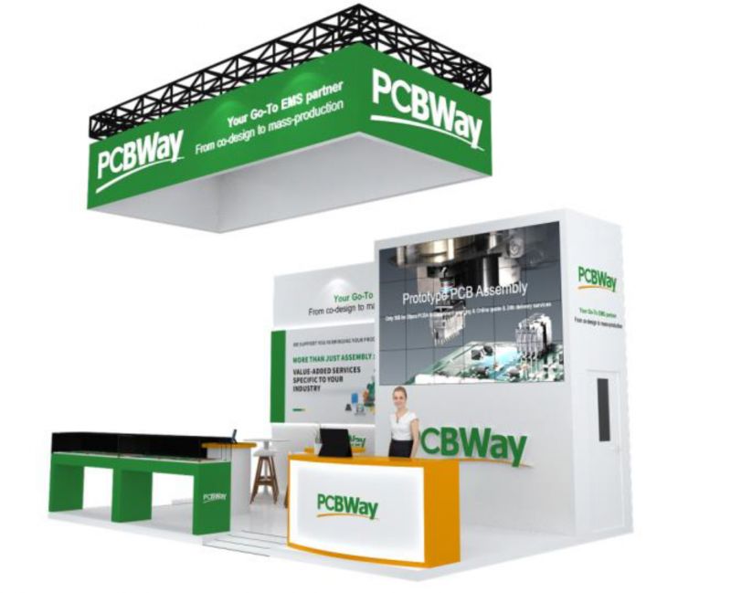 PCBWay exhibition booth with large logo and promotional materials.