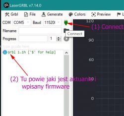 Zrzut ekranu programu LaserGRBL z podkreślonymi opcjami połączenia i informacją o wersji firmware.