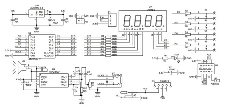 Schematic diagram of a simple FM radio with microcontroller, 7-segment display, and audio amplifier