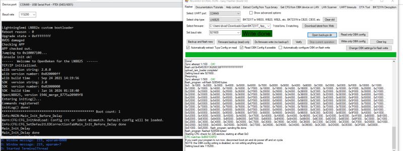 Terminal showing LN8825 OpenBeken boot logs and Easy Flasher interface with flash status