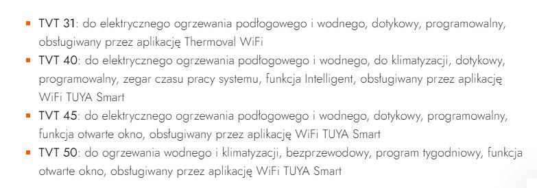 List of Thermoval models with function descriptions and compatibility.