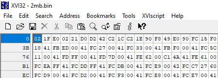 Hex editor screenshot showing binary Flash memory data
