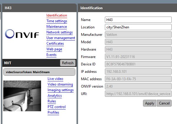 Zrzut ekranu z programu Onvif Device Manager pokazujący ustawienia kamery IP