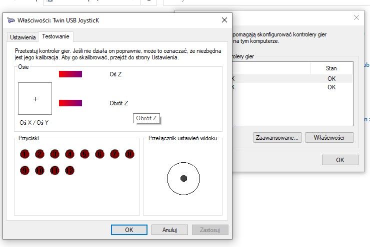 Windows “Properties: Twin USB Joystick” window showing controller axis and button test indicators