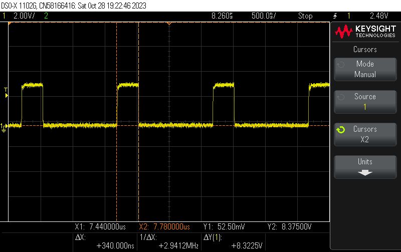 Square Wave Signal Measurement on Oscilloscope Oscilloscope displaying a square wave signal with time and voltage parameters.
