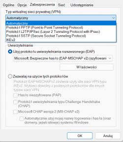 Zrzut ekranu ustawień zabezpieczeń VPN w systemie Windows.