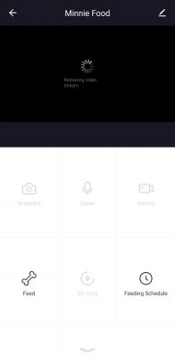 Tuya app interface showing a video stream named Minnie Food.