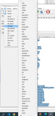 Screenshot of NeoProgrammer showing the expanded menu for selecting SPI NOR memory type with a list of manufacturers.