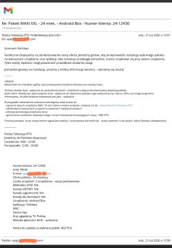 Zrzut ekranu z Gmaila z mailem od „Polska Telewizja IPTV” o instalacji pakietu i danych klienta