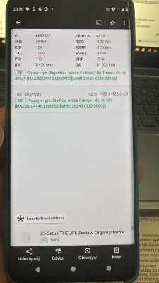 Ekran smartfona z aplikacją NetMonster pokazującą parametry sieci komórkowej LTE i dane nadajników w miejscowościach Strusy i Pruszyn.